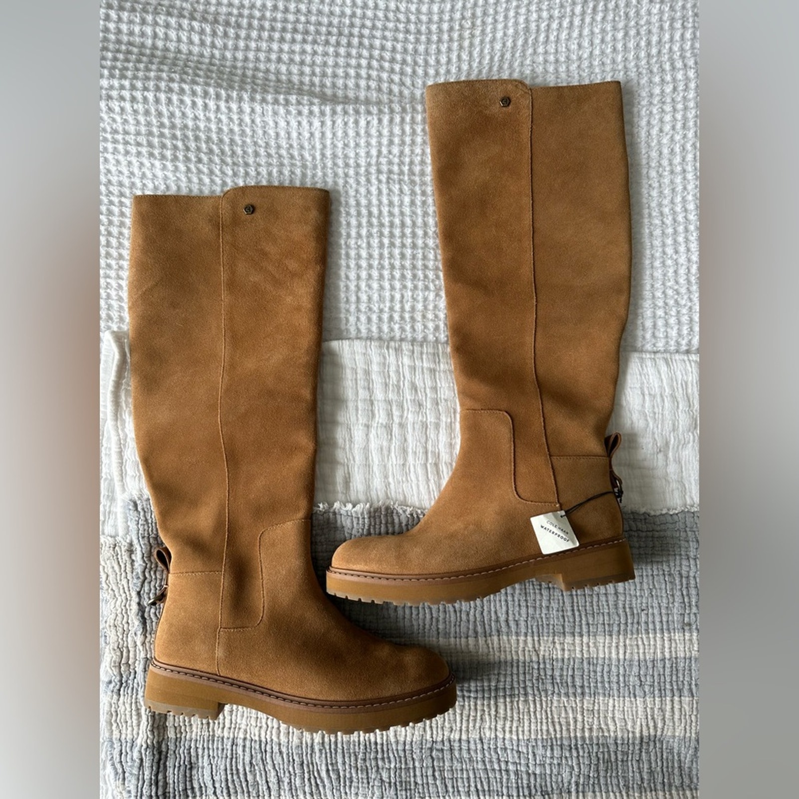 Cole Haan Waterproof Suede Tall Boots Brown Knee High Lug Sole Size 8.5b